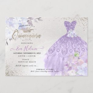 Quinceañera Glitter Gown Dusty Lila Lilac Inbjudningar
