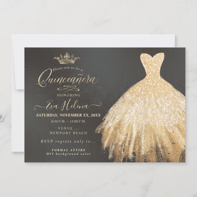 Quinceañera, Glitter Gown, Faux Guld Inbjudningar (Framsida)