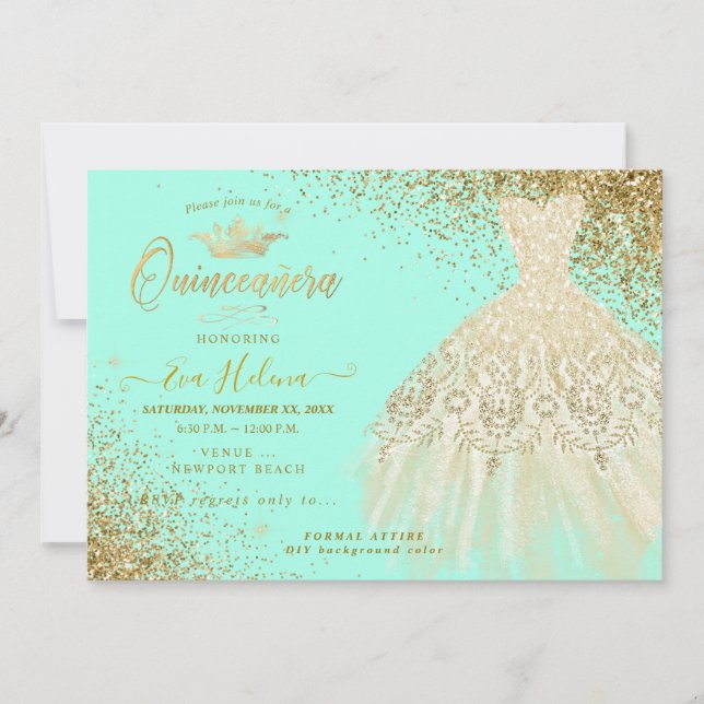 Quinceañera , Glitter Gown, Faux Guld+Mint Inbjudningar (Framsida)