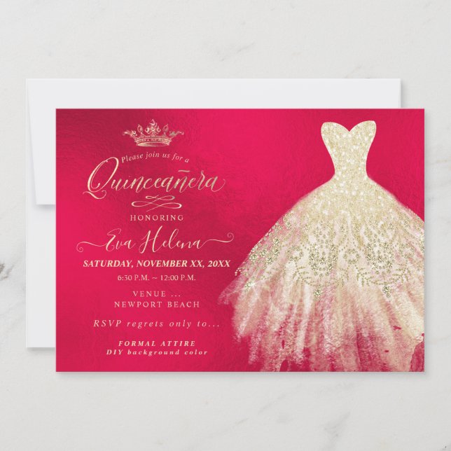 Quinceañera , Glitter Gown, Faux Guld+Red Inbjudningar (Framsida)