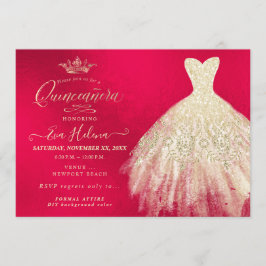 Quinceañera , Glitter Gown, Faux Guld+Red Inbjudningar
