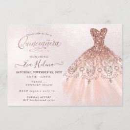 Quinceañera , Glitter Gown, Faux Ro Guld Inbjudningar
