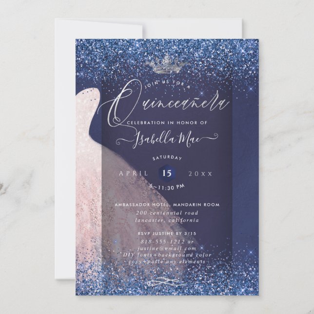 Quinceanera  Glitter Gown + marinblått Inbjudningar (Baksida)