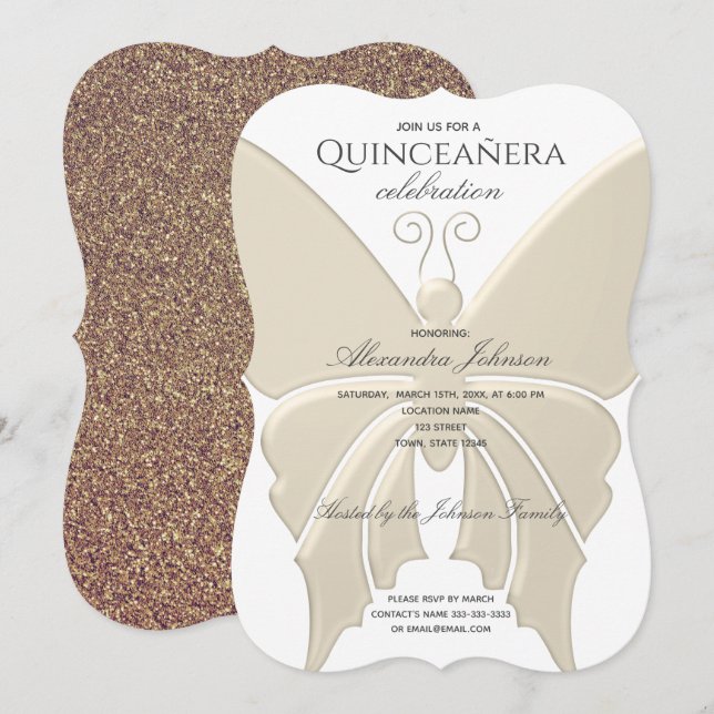 Quinceanera Glitter Guld Fjäril 15-årsdag Inbjudningar (Fram/baksida)