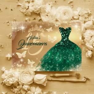 Quinceanera Glitter Guld Smaragd Klänning  Inbjudningar