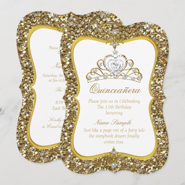 Quinceanera Glitter Guld White Pearl Tiara Inbjuda Inbjudningar (Fram/baksida)