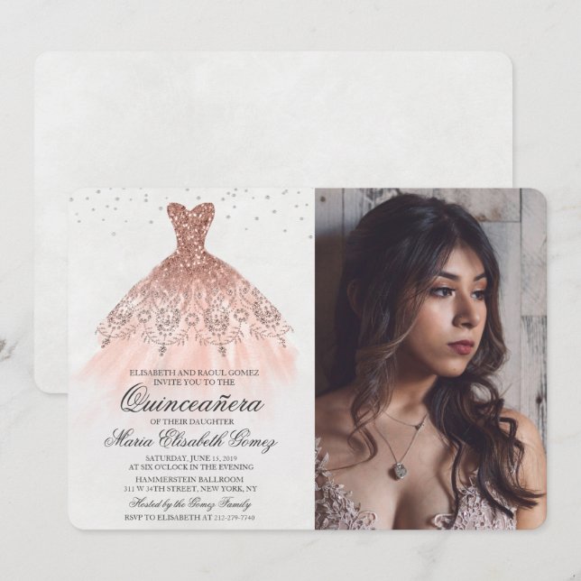 Quinceanera Glitterklänning Diamant Foto Inbjudan (Fram/baksida)
