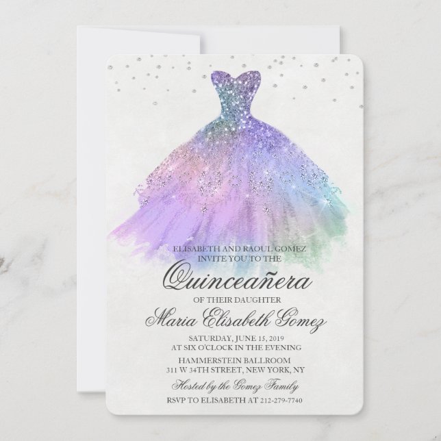 Quinceanera Glitterklänning Diamant Inbjudan (Framsida)