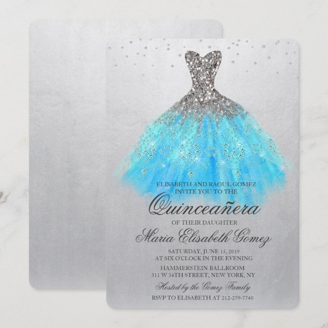 Quinceanera Glitterklänning Diamant Inbjudan (Fram/baksida)