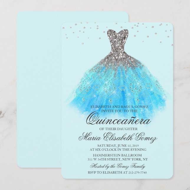 Quinceanera Glitterklänning Diamant Inbjudan (Fram/baksida)