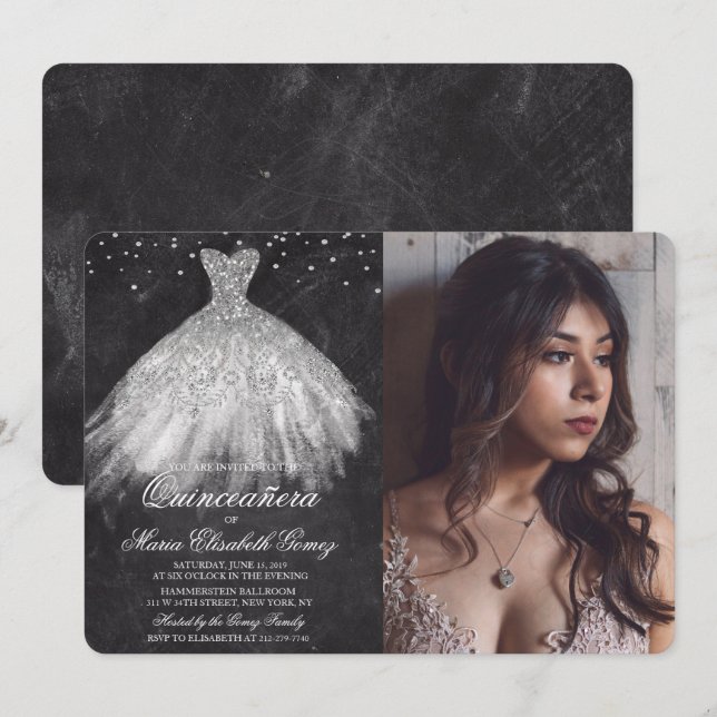 Quinceanera Glitterklänning Diamant Krita Inbjudan (Fram/baksida)