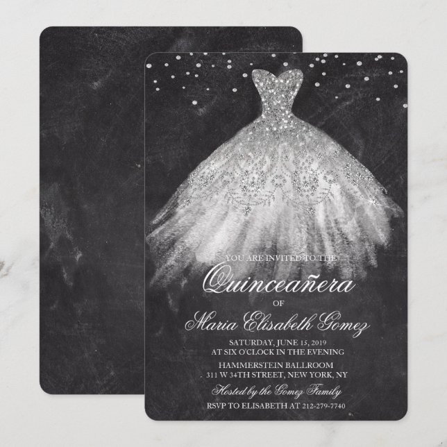 Quinceanera Glitterklänning Diamant Krita Inbjudan (Fram/baksida)