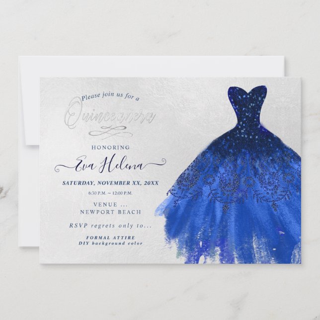 Quinceañera, glitterklänning, marinblå inbjudningar (Framsida)