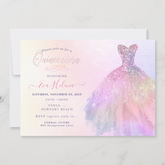 Quinceañera , Glitters Klänning, Pastell Bomullsgo Inbjudningar (Framsida)
