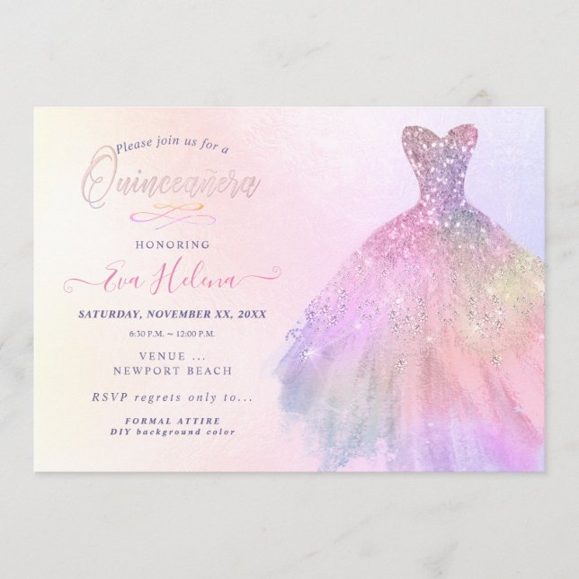 Quinceañera , Glitters Klänning, Pastell Bomullsgo Inbjudningar (Framsida)