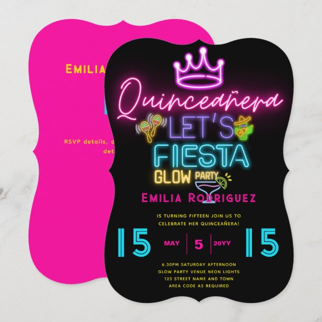 QUINCEAÑERA Glow Party inbjudación Fiesta de Neón Inbjudningar (Fram/baksida)