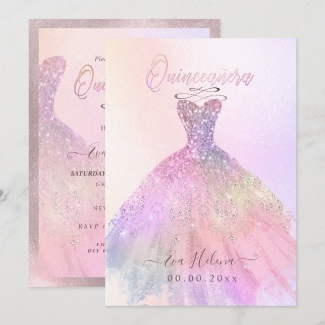 Quinceañera , Gnistra Gown, Cotton Candy Inbjudningar (Fram/baksida)