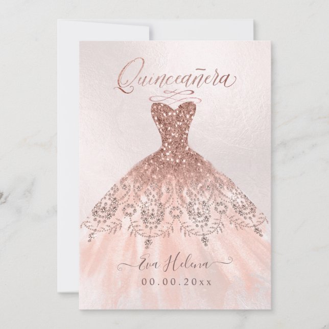 Quinceañera, Gnistra Gown, Faux Ro Guld-kort Inbjudningar (Framsida)