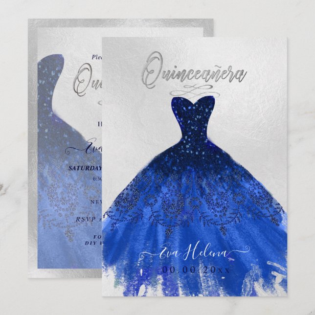 Quinceañera, Gnistra Gown, marinblått Inbjudningar (Fram/baksida)