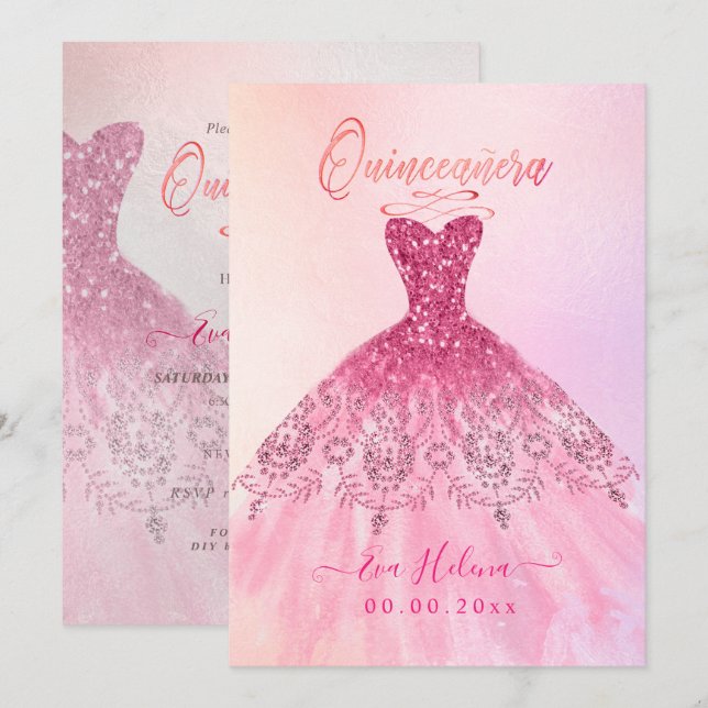 Quinceañera , Gnistra Gown, Rosa Cherry Ombre Inbjudningar (Fram/baksida)