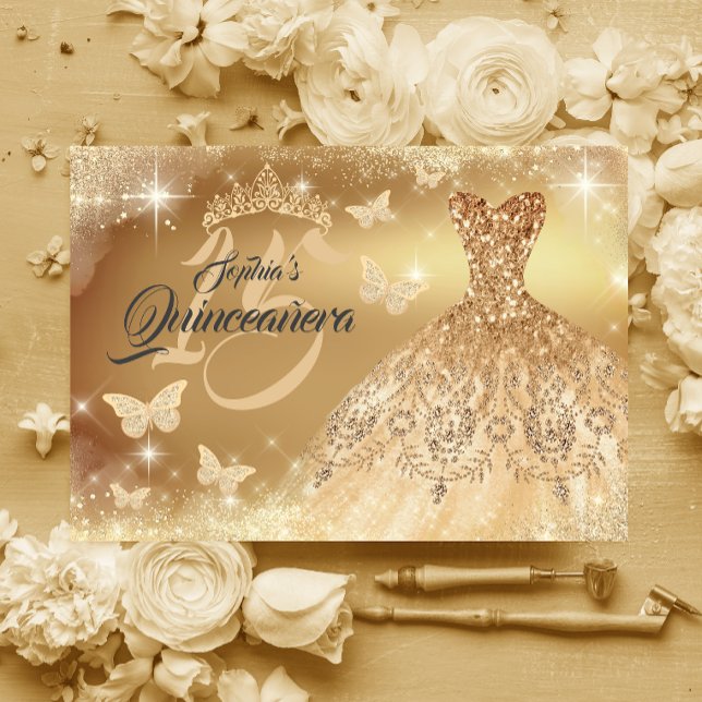 Quinceanera Gnistra Guld Butterfly Dress Inbjudningar (Skapare uppladdad)
