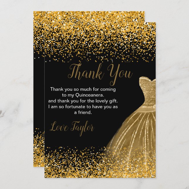 Quinceanera Gold Dress Faux Glitter Tack Kort (Fram/baksida)