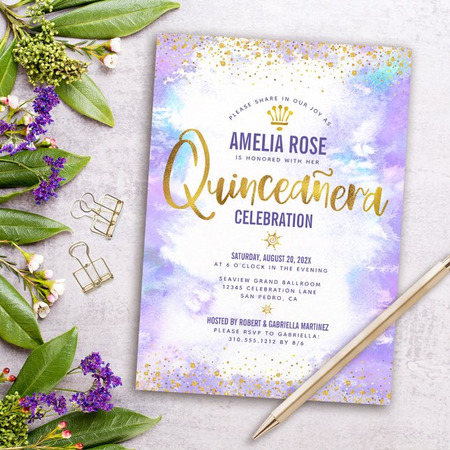 Quinceañera Gold Foil Lila Watercolor Elegant Inbjudningar (Skapare uppladdad)