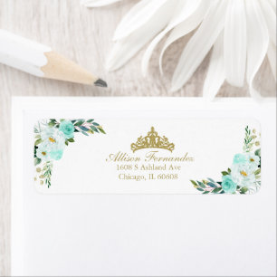Quinceanera Gold Tiara Teal Floral Returadress Etikett