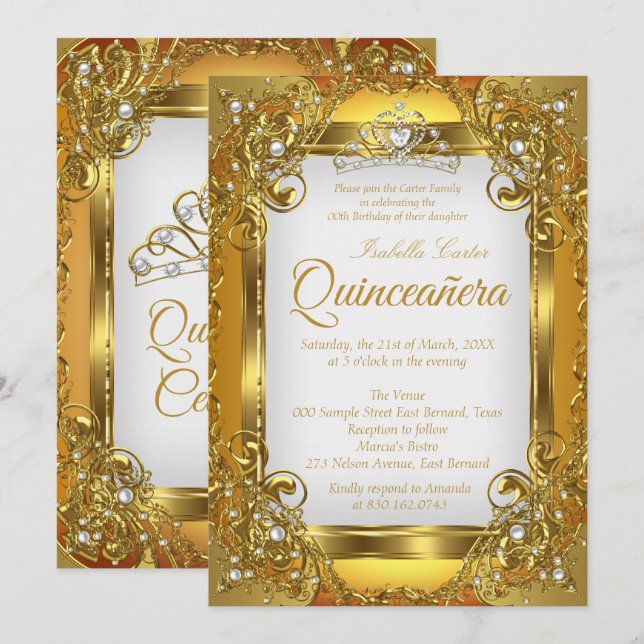 Quinceanera Golden White Pearl Snöre Tiara Party Inbjudningar (Fram/baksida)