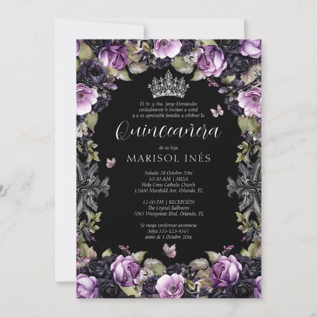 Quinceañera Gótica Morada y Negra con Flores Moody Inbjudningar (Framsida)