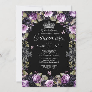 Quinceañera Gótica Morada y Negra con Flores Moody Inbjudningar