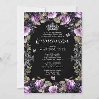 Quinceañera Gótica Morada y Negra con Flores Moody Inbjudningar