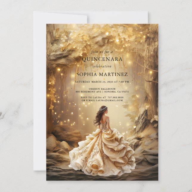 Quinceanera Gown Enchanted Golden Forest Portal Inbjudningar (Framsida)