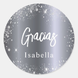 Quinceanera gracias silver glitter namn runt klistermärke