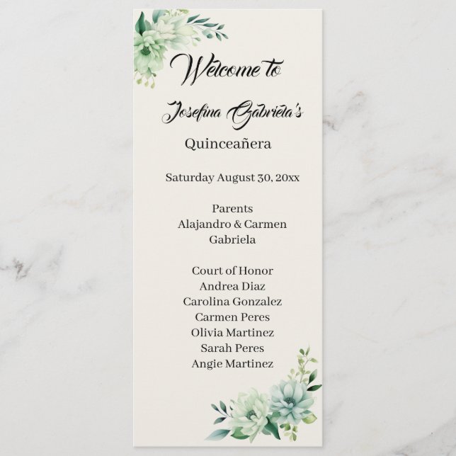 Quinceanera green floral double side program card  (Framsida)