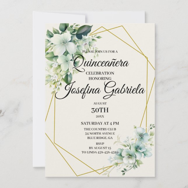 Quinceañera Green floral Invitation Inbjudningar (Framsida)