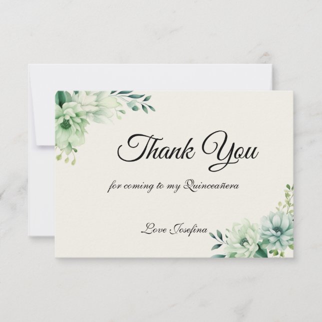 Quinceanera green floral Thank You Card Tack Kort (Framsida)
