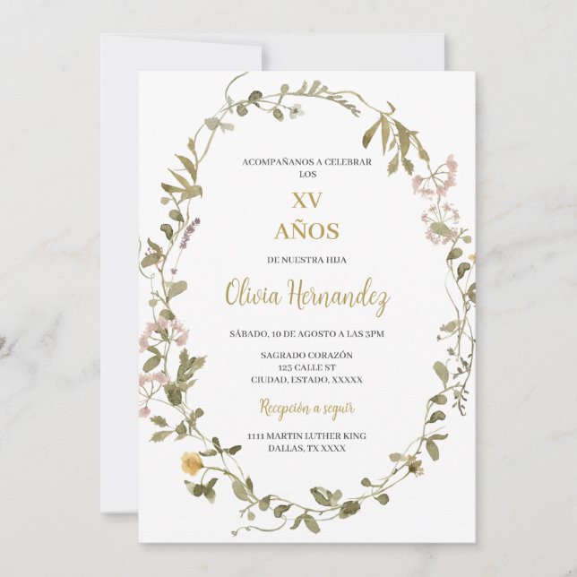 Quinceañera Greenery ram inbjudan (Framsida)