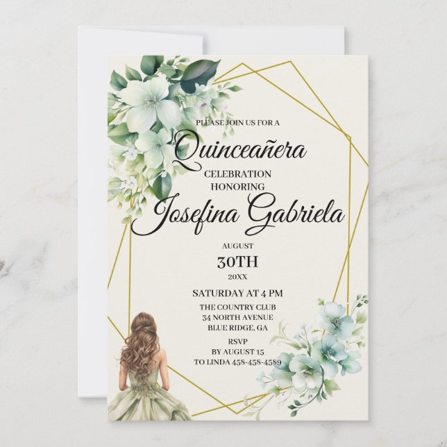 Quinceañera grön blommig inbjudan (Framsida)