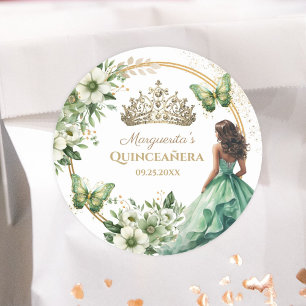 Quinceañera Grönt Blommigt Butterfly Guld Tiara Runt Klistermärke