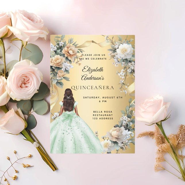 Quinceanera grönt guld-blommigtar inbjudningar (Skapare uppladdad)