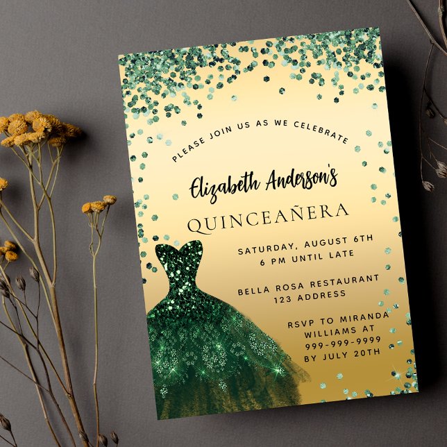 Quinceanera grönt guld dress elegant inbjudningar (Skapare uppladdad)
