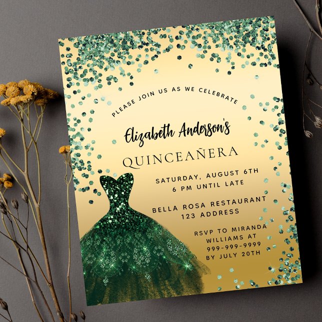 Quinceanera grönt guld klär budgetinbjudan (Skapare uppladdad)