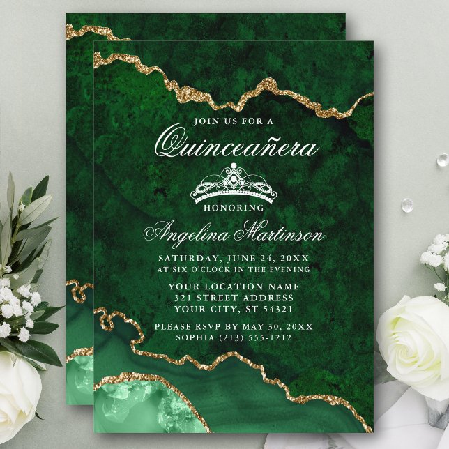 Quinceanera Grönt Guld Marble Agate Geode Inbjudningar (Customize to add text or photos to back of card.)
