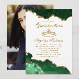 Quinceanera Grönt Guld Marble Krona Photo Inbjudningar