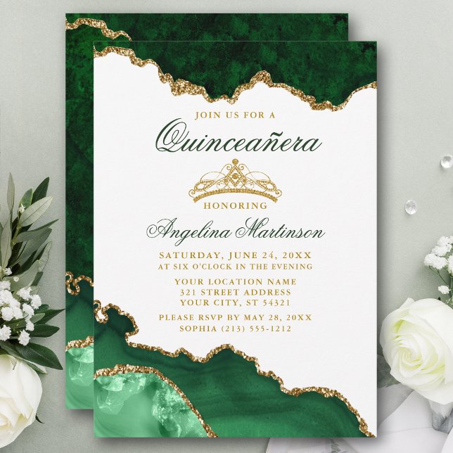 Quinceanera Grönt Marble Guld Krona Inbjudningar (Customize to change text color, text style or add text & photos to back of card.)