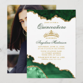 Quinceanera Grönt Marble Guld Krona Photo Inbjudningar