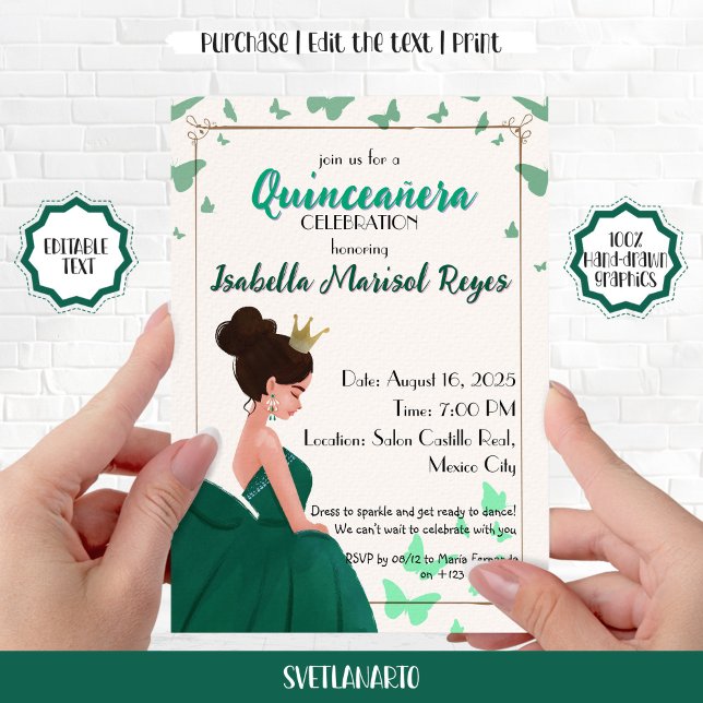 Quinceañera-Gröntens Elegant Princess-inbjudan Inbjudningar (Skapare uppladdad)