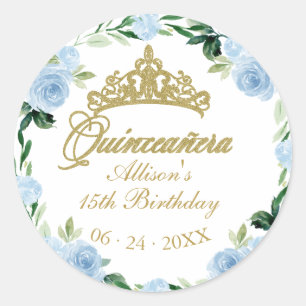 Quinceanera-gud Tiara Baby Blue Blommig Runt Klistermärke