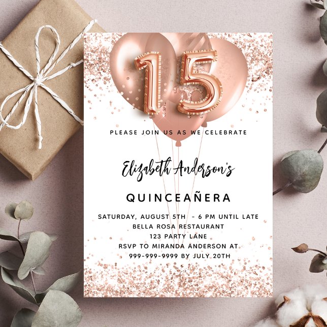 Quinceanera guld-ballonger ro vita inbjudan vykort (Skapare uppladdad)
